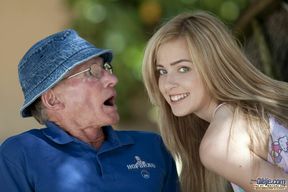Beautiful teen swallows grandpa's load during outdoor doggy blowjob