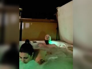Hottub banging outside in public on holiday. Trying not to get caught by the neighbours