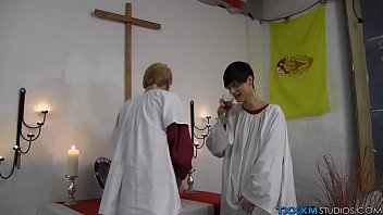 Skinny twink and his lover friend get naughty in the church