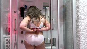Mature stepmom asked her stepson to rub her back in the shower and had sex with him