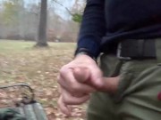 Public jerking-off at the park, startled when someone almost catches me while I cum.