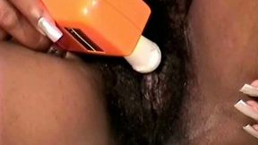 Nasty ebony wife of mine pokes her hairy cooch with vibrator