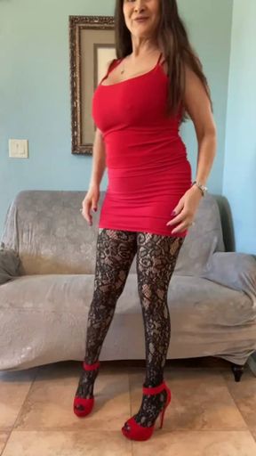 Sexy Red Dress & Crotchless Pantyhose