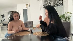 Two brunettes smoke with you