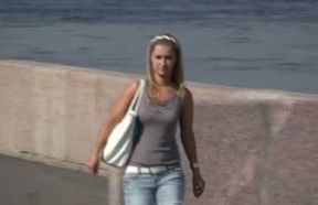 Adorable lovely Russian blondie pissed in her tight jeans