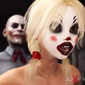 Joker bangs rough a cute sexy blonde in a clown mask in the abandoned room