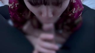 Intense blowjob in a Chinese dress