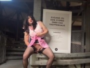 Sissy playing in public parking lot