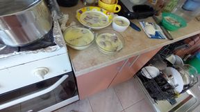 Sexy wife prepares lunch naked in the kitchen
