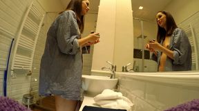 Hot Tight Pussy Horny Brunette with a Shirt Only No Panties No Bra in the Bathroom