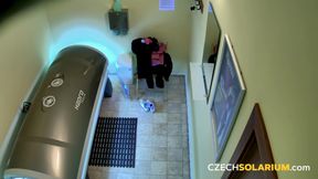 Czech Solarium 64: Blonde with No Panties Flashes Everything