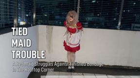 Red Maid Bound In The Rooftop Corner – White Pantyhose Struggle