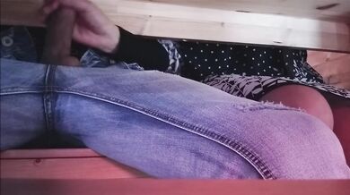 Stepmom jerks stepson's big cock under table public dp