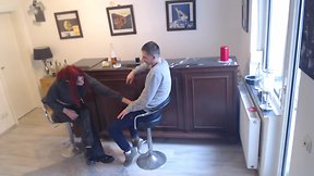 Cocksucking at the bar turns into a fine fuck with cum on face and swallow.