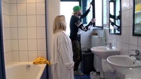 Lucky tattooed MILF fucked hard in the bathroom