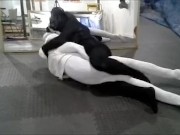black meshed frogman vs white spandex and spiderman dummy
