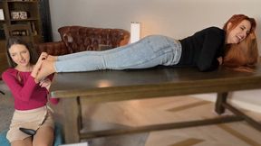 Weronika Lies On Her Belly In Jeans And Stella Tickle And Lick Her Feet In Tan Pantyhose - Full