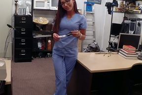 Nurse with glasses gets her pussy fucked by pawn keeper