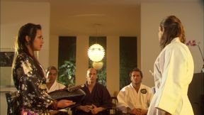 Asian beauty rides samurai's cock