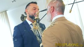 Food fighting turns into a rough ass pounding by suited Adam Franco and Sir Peter