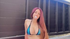 Artemisia Love blowing bubbles outdoor and showing her big juicy boobs for you outdoor