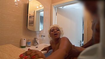 Big ass ebony stepmom cheats on his husband with her stepson in the bathroom