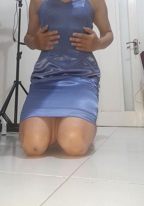 Blue Shiny Satin Short Dress Is Made for Masturbation