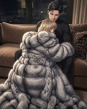 Blonde in Huge Fur Coat Teases on the Sofa