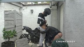 fucked bareback by motorbiker in leather uniform outdoor