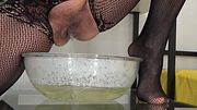 A giant pissing session, she filled half the salad bowl.