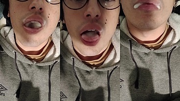Helena trans brinca com o esperma na boca enquanto mostra o rosto de femboy pela primeira vez