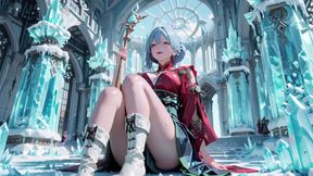 Ice Throne! Silver-haired Mage in Red-Green Gown Kneeling, Blue-Haired Partner Teasing in Snowy Realm!