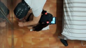 Milf in pantyhose, pigtails, big tits, bondage blowjob with throatpie