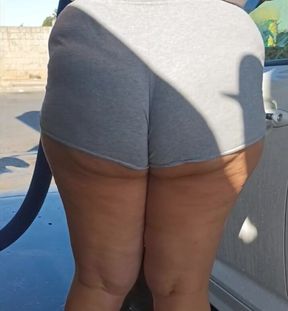 Exhibitionist wife at the carwash pov hubby films