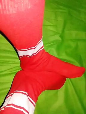 Red stocking horny men foot