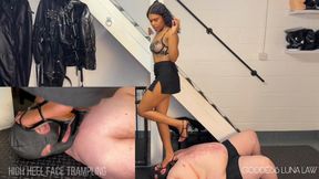 High heel extreme Face trampling - Ebony Goddess Luna Law stands on slave's face with her strappy sandals training him to be a human carpet, Femdom