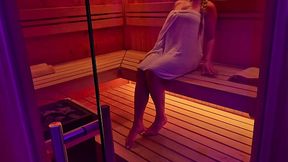 Blonde bombshell rides big schlong in public sauna