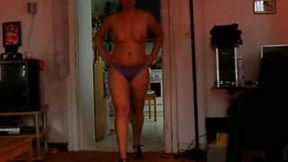 My chunky busty brunette wife walking topless on cam