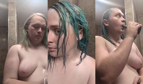 Topless transgirl gets destroyed with a sloppy blowjob in the public shower