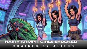 Sexy scifi women chained and shocked with electrical devices in BDSM bondage aboard an alien spaceship copy