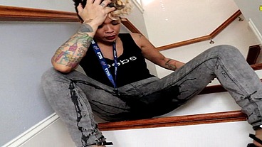 Asian MILF Loosey wetting her tight jeans on stairs