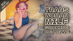 MODEST MILF 50+ ➤ Mature transwoman seductively smokes, filling her webcam with cigarette smoke