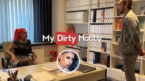 Blonde mistress flaunts her fellating finesse on the job