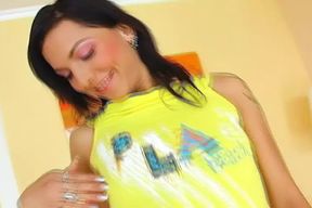 Horny dark haired German babe dildoing herself