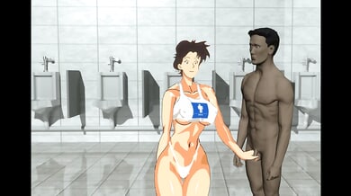 Keiko gives a handjob to a muscular man in a public bathroom