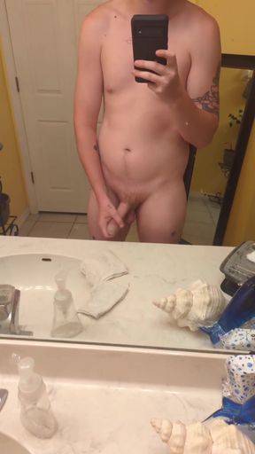 Naked tattooed shaved fit male solo jerk off session