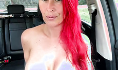Stunning Redhead Shemale Masturbating in Car