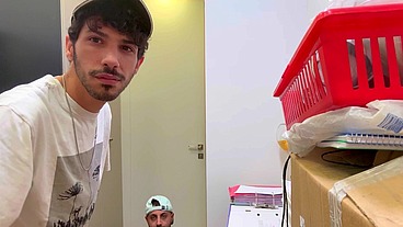 Middle Eastern big dick blowjob in a locker room