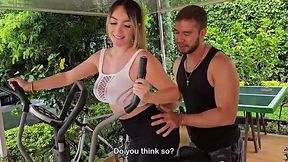 Cheating Latina wife with big tits fucks with her personal coach on the porch