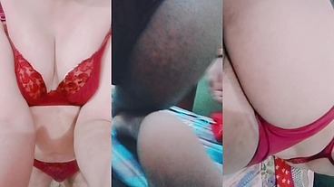 Indian Trans Woman Gaurisissy in red honeymoon bra panty looking so hot and sexy